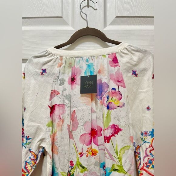 John Mark Womens Tunic Top Floral Embroidered Tassel Linen Size M Split Neck NWT - Picture 9 of 15